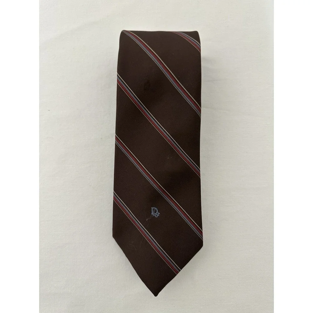 Vintage Christian Dior Tie Brown Striped Silk‎ Blend Logo Designer